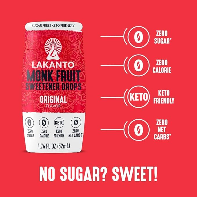 Lakanto Liquid Monk Fruit Extract Drops, Original, - Erythritol Free Sugar Substitute Sweetener For Coffee, Tea, Smoothies, Oatmeal, Yogurt, Cocktails, Sugar Free, Vegan, Keto, Zero Sugar (1.76 Fl Oz)