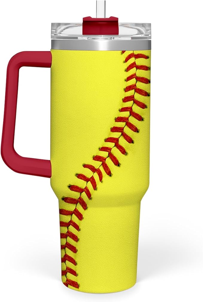 SANDJEST Softball Tumbler with Handle 40oz, Insulated Stainless Steel Cup with Lid & Straw, Sports Lover Gift for Men, Coach, Player, Christmas, Birthday