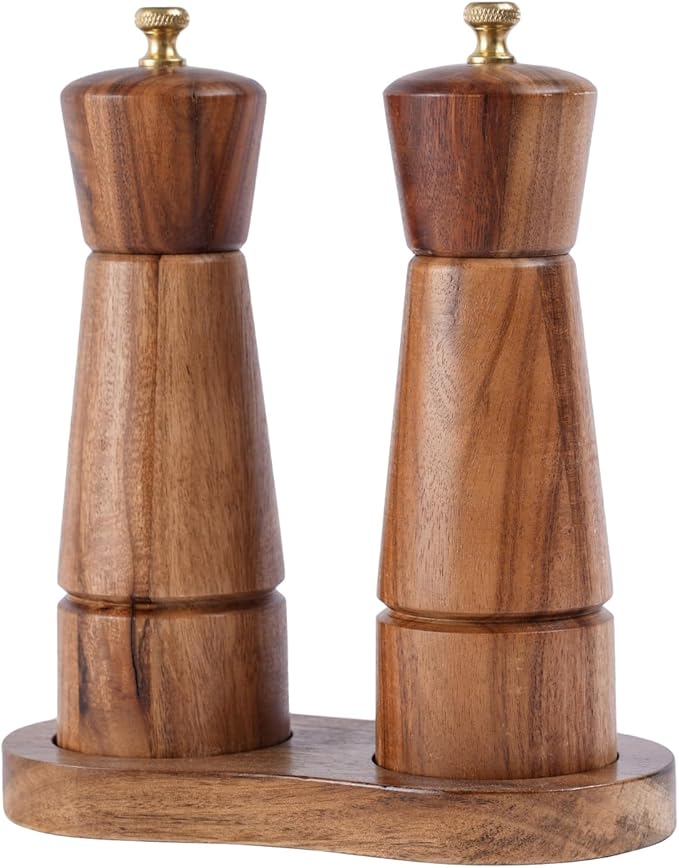 Salt and Pepper Grinder Set with Tray, Adjustable Ceramic Grinder Salt Mill, Stainless Steel Grinder Pepper Mill, Acacia Wood, 16.5 cm / 6.5inch Height, Bottom Dia 5 cm (Tray is Included)