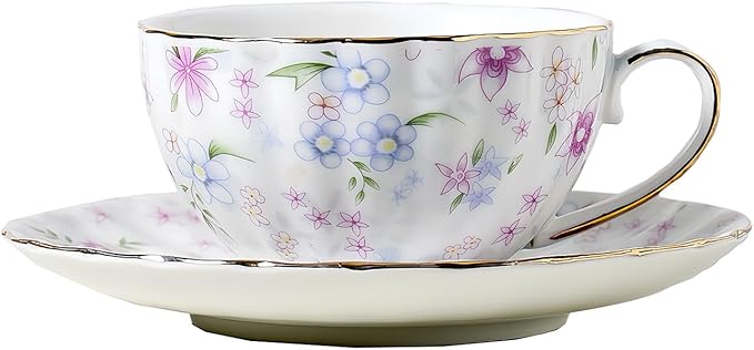 fanquare Country Style Floral Tea Cup and Saucer Set, 6 Ounces Cappuccino Coffee Cup with Gold Trim, Porcelain Teacups for Women and Tea Parties