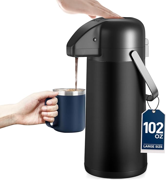 Coffee Carafe for Keeping Hot - Gezoss 102OZ / 3L Airpot Coffee Dispenser with Pump - Large Coffee Thermos for Hot Drinks Tea Liquid - Insulated Stainless Steel Hot Water Beverage for Parties,Black