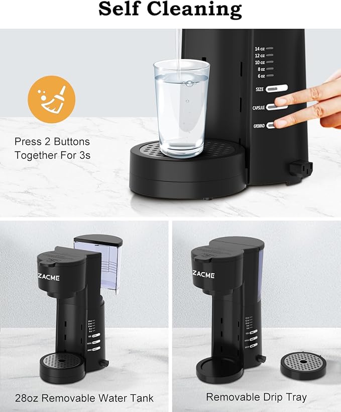 ZACME Single Serve Coffee Maker for K Cups&Ground Coffee with Milk Frother, 3 in 1 Small Single Cup Coffee Machine, 28oz Water Thank, 6 to 14 oz Brew Sizes