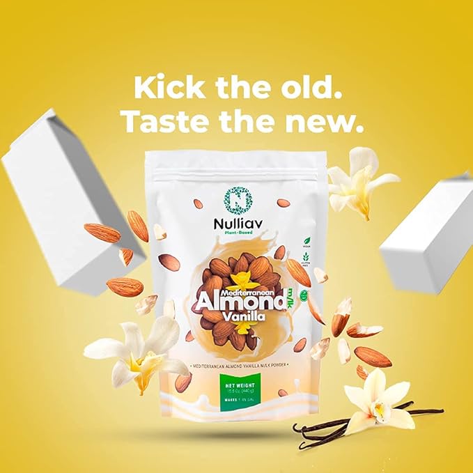 NULLIAV | Almond Milk Powder Vanilla - High Protein Blend with Prebiotic Fiber powder For Gut Health and Digestion - Vegan Plant Based Dairy Free Formula For Lactose Intolerance - 15.5oz Bag Portable Convenient
