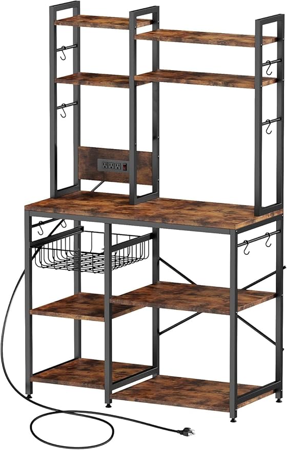 Luckyeestar Kitchen Bakers Rack with Power Outlet, 35.4" 6-Tier Microwave Stand, Coffee Bar with 12 S-Shaped Hooks, Adjustable Feet Pads&150lbs CapacityKitchen Shelf with Wire Basket, Rustic Brown