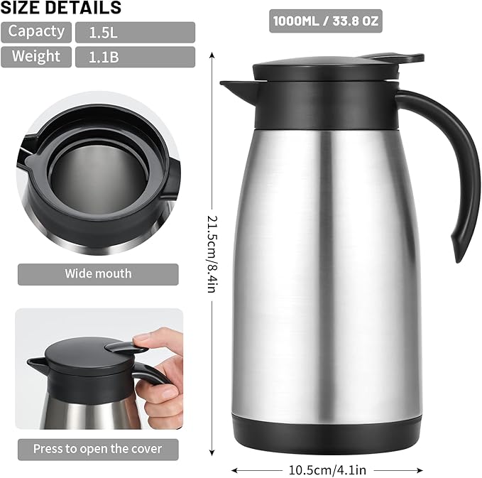 34 Oz Thermal Carafe, Insulated Stainless Steel Coffee Carafes for Keeping Hot Coffee & Tea for 12 hrs and Cold for 24 hrs, 1L/Silver