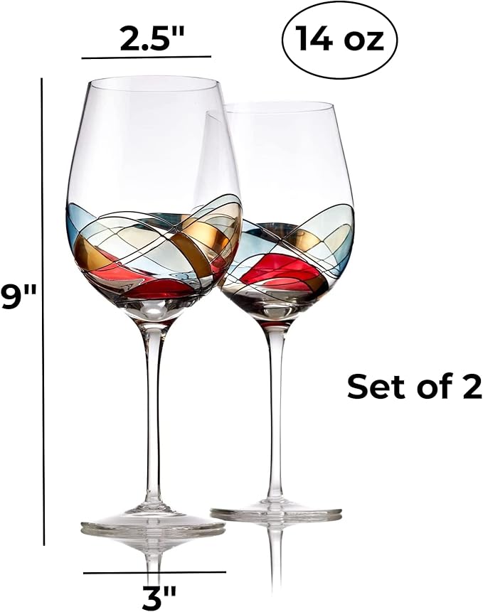 Bezrat Wine Glasses Hand Painted - Set of 2 - Women Wine Gift - Wine Lover Glass - Beautiful Glassware Gifts Ideas for Women Inspired by 'Duomo di Milano' Mothers Day - 14 oz (Red)