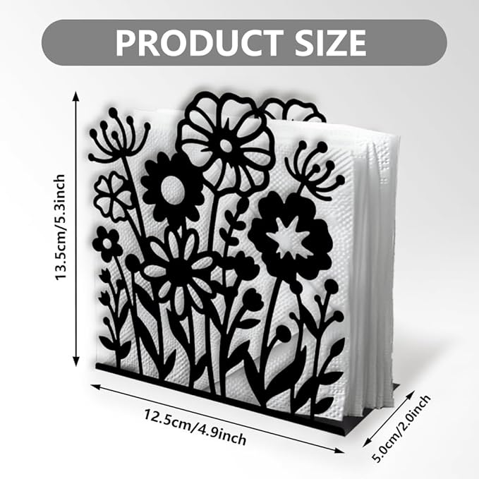 Wildflowers Decorative Black Metal Napkin Holder for Table, 4.9" x 5.3" x 1.9" Flowers Standing Napkin Holder for Home Kitchen Restaurant Picnic Party Coffee Bar Dining Room