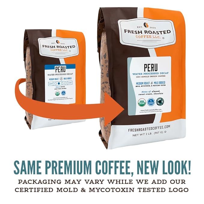 Fresh Roasted Coffee, USDA Organic Peru Water-Processed Decaf | 3rd Party Tested for Pesticides, Mold, Mycotoxins, Kosher | 100% Arabica, Specialty Grade, Med Roast 2 lb (32 oz) Whole Bean