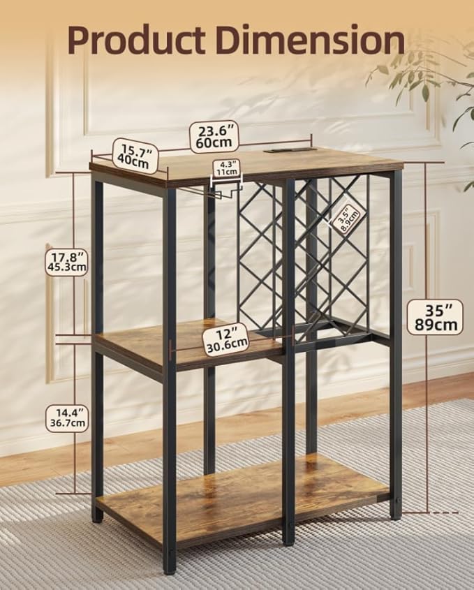 TIQLAB 3-Tier Wine Rack Cabinet, Modern Liquor & Coffee Bar Cart with Shelves, Glass Holder and Power Socket, Bar Table for Kitchen, Dining Room