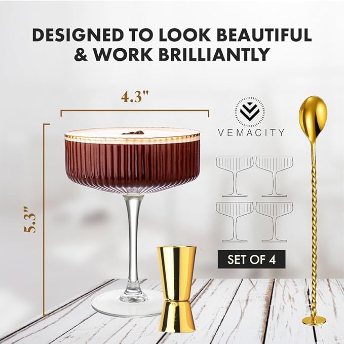 VEMACITY - Ribbed Espresso Martini Glasses Set of 4 with Gold Rims - Vintage Cocktail Glasses for Margaritas, Champagne and More - Includes Jigger & Bar Spoon | Ideal for Christmas & New Years
