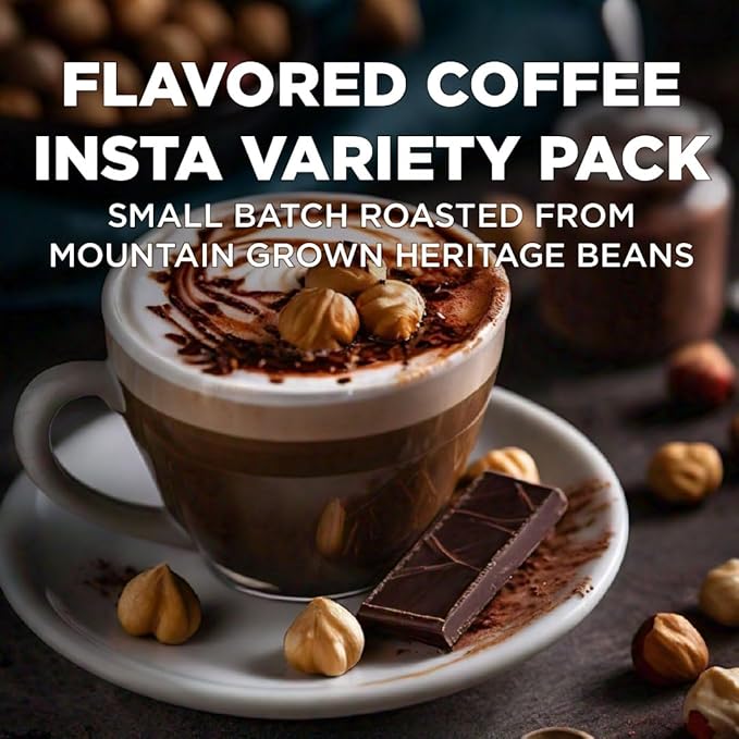 Maud's Flavored Instant Coffee Variety Pack, 48 ct, Caramel, Hazelnut, Raspberry, Vanilla, 100% Arabica Coffee, Medium Roast, Instant Hot or Iced Coffee - Just add water