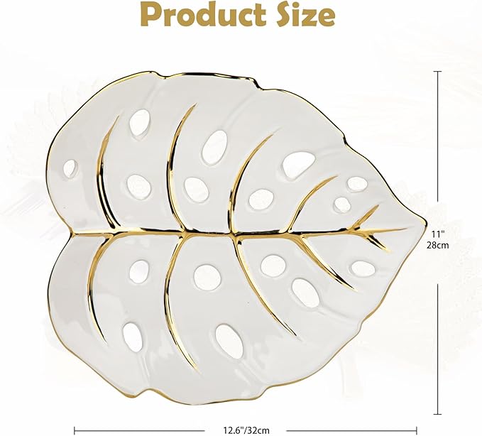 Ceramic Leaf Shaped Decorative Tray, White Gold Monstera Leaf Plate 12.6"x11" for Jewelry, Keys, Snack, Candle Holder, Modern Table Centerpiece Home Decor