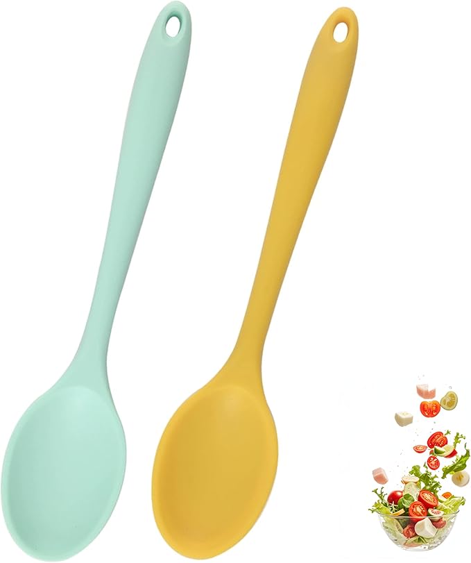 2 Pcs Silicone Spoons,10.8 Inch Mixing Spoons for cooking,Heat Resistant for Kitchen Cooking Baking Stirring Mixing Tools (YelLow&Green)