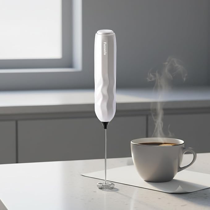 Handheld Milk Frother, Fast Powerful Drink Mixer Battery operated with Stainless Steel Whisk for Coffee (White with Stand)