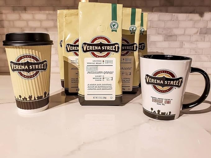 Verena Street 12 Ounce Flavored Ground Coffee, Mississippi Grogg, Medium Roast, Rainforest Alliance Certified Arabica Coffee