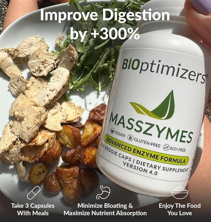 BiOptimizers MassZymes - Complete Digestive Enzymes Supplement for Gut Health - Bloating Relief for Men and Women - Lipase Amylase Bromelain Digestive Enzymes (250 Capsules)