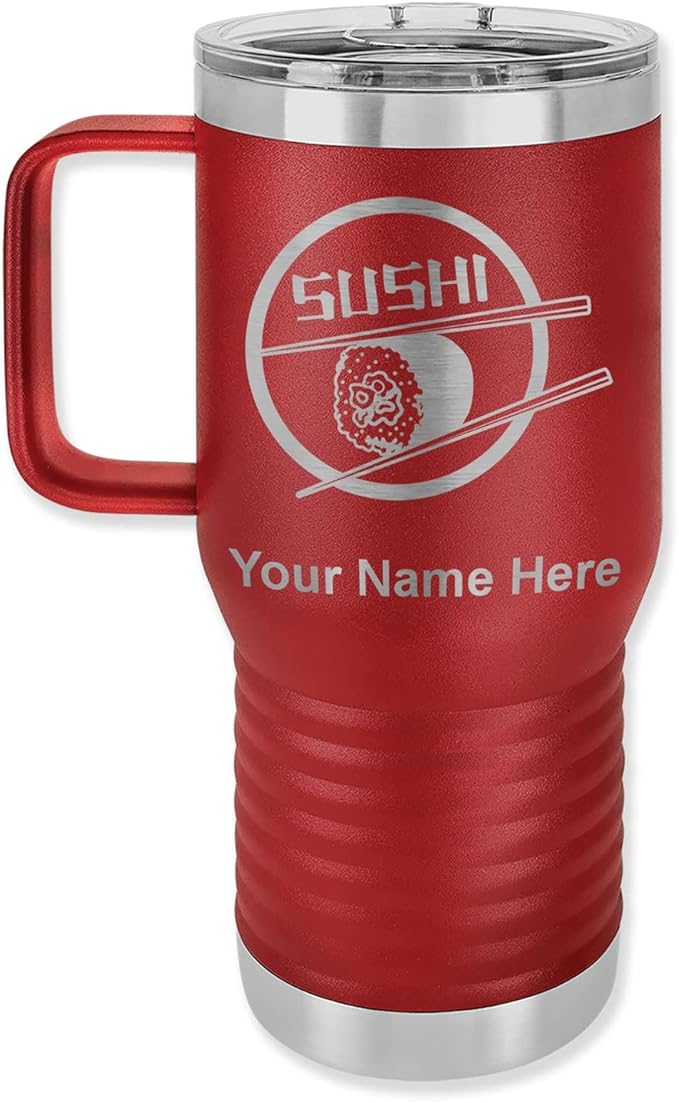 LaserGram 20oz Vacuum Insulated Travel Mug with Handle, Sushi, Personalized Engraving Included (Maroon)