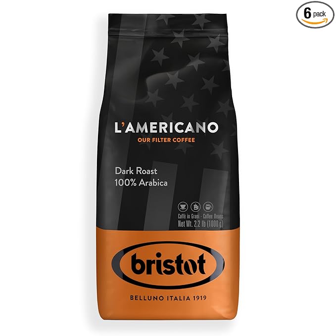 Bristot L‘americano Filter Coffee | Italian Coffee Beans | 100% Arabica | Dark Roast | 2.2lbs/1kg - 6 Bags