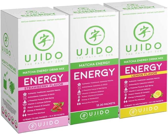 Ujido Matcha Energy Packets, Lemon Flavor, Sugar-Free, Monkfruit, Non-GMO, Antioxidant, Keto & Vegan, 2g x 15 Count