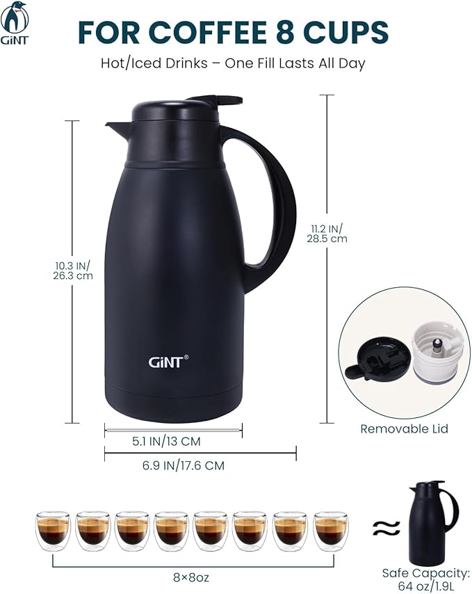 GiNT Stainless Steel Thermal Coffee Carafe, Double Walled Vacuum Water and Beverage Dispenser, 12 Hour Heat Retention, 65 OZ /1.9 Liter Black