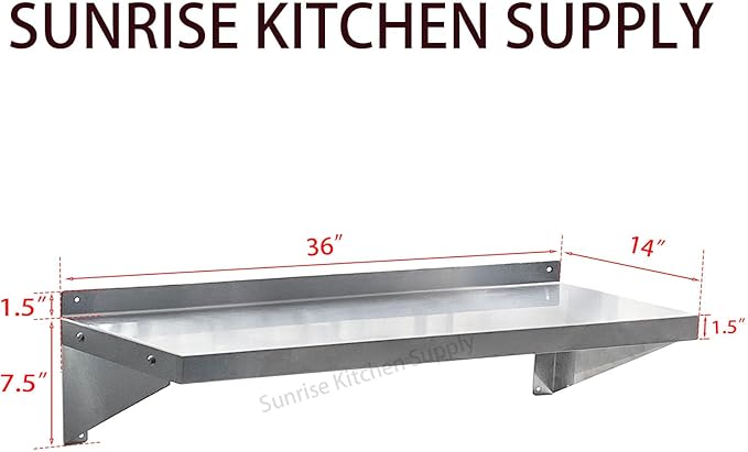 SUNRISE Commercial 430 Stainless Steel Kitchen Wall Shelf, NSF Certificated, Wall Mounted, Solid Shelving for Restaurants, Bars & Hotels (14" x 36")