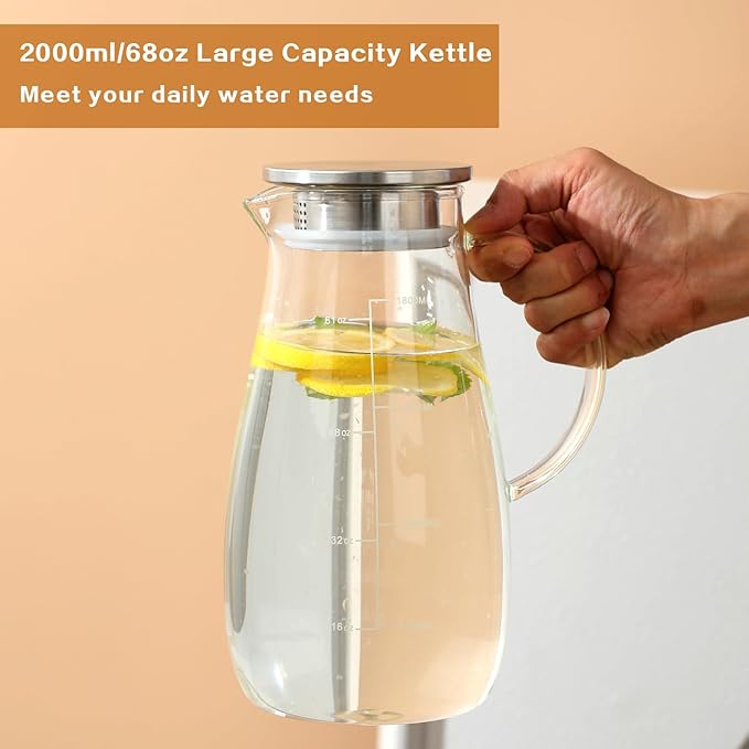 Glass Pitcher with Lid, 68 oz/2 Liter,Hand Blown Glass Water Pitcher and Precise Scale Line for Hot/Cold Beverages, Juice, Lemonade, and Milk, Heat Resistant,Christmas Gifts
