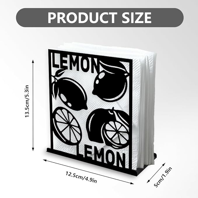Lemon Decorative Black Metal Napkin Holder for Table, 5.3" x 4.9" x 1.9" Lemon Fruit Standing Napkin Holder for Home Kitchen Restaurant Picnic Party Coffee Bar Dining Room