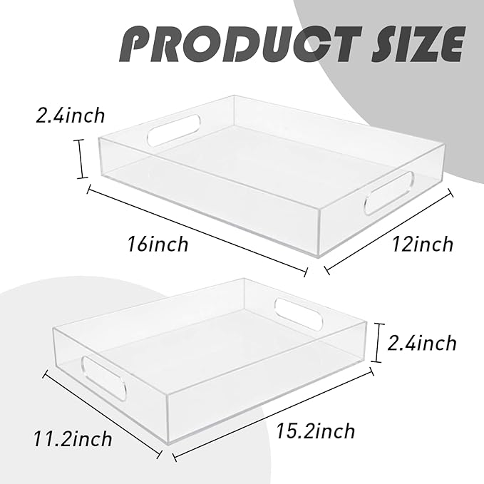 2 Pcs Clear Acrylic Serving Tray, 16" x 12",15.2" x 11.2" Plastic Tray with Handles Clear Decorative Lucite Tray for Food, Tea, Snacks, Kitchen, Fruit