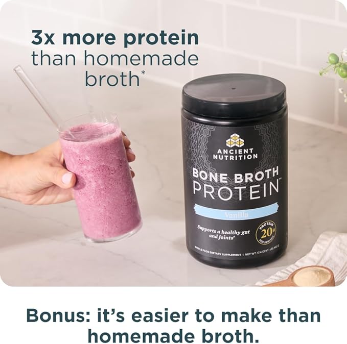 Ancient Nutrition Grass Fed, Cage Free, Bone Broth Protein Powder, 20g Protein, Hydrolyzed Collagen Peptides, Keto & Paleo Friendly, Supports Joint, Gut Health, Vanilla, 20 Servings