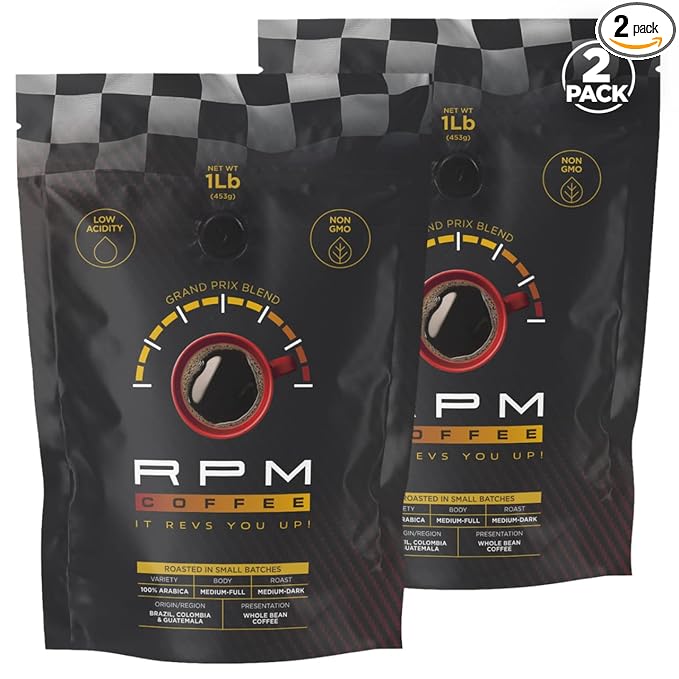 2LB RPM Grand Prix Premium Coffee, Standard Caffeine - Supercharged Flavor, Medium-Dark Roast, 100% Arabica Beans, Low Acidity