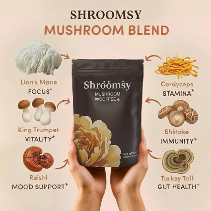 SHROOMSY Mushroom Coffee – 6 Adaptogenic Mushroom Superblend (Cordyceps, Reishi, Shiitake, Lion’s Mane, More) – With MCT Oil & Coconut Milk