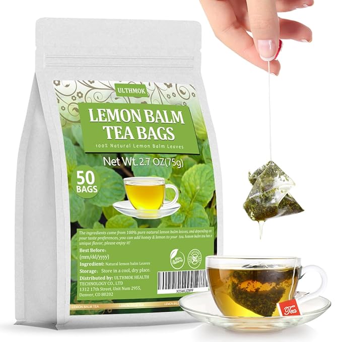 Premium Lemon Balm Leaf Tea, 50 Bags. Made with 100% Natural Lemon Balm Leaves, No Additive & Caffeine Free, Promotes Relaxation & Support Digestion.
