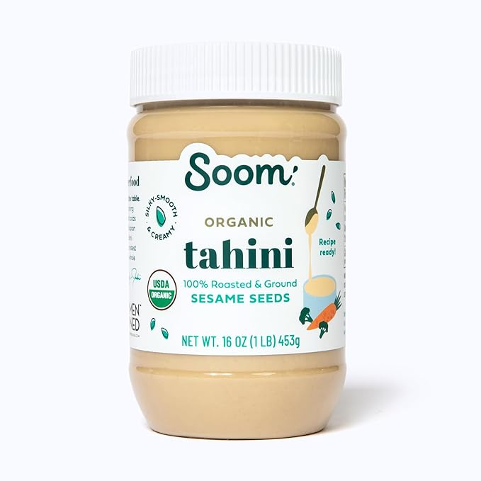 Soom Foods Organic Tahini 16oz (1 Pack) | Roasted & Ground Sesame Seed Paste | Creamy Tahini for Dubai Chocolate, Hummus, Sauces | Vegan, Nut-Free, Gluten-Free, Kosher, Keto, Paleo, Whole30