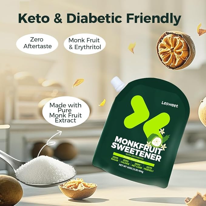 Lesweet Monk Fruit Sweetener with Erythritol, Monk Fruit Extract, 1:1 White Sugar Substitute, Zero Calorie, Keto Friendly, Non-GMO, Perfect for Coffee & Baking, 16 oz (Pack of 3)