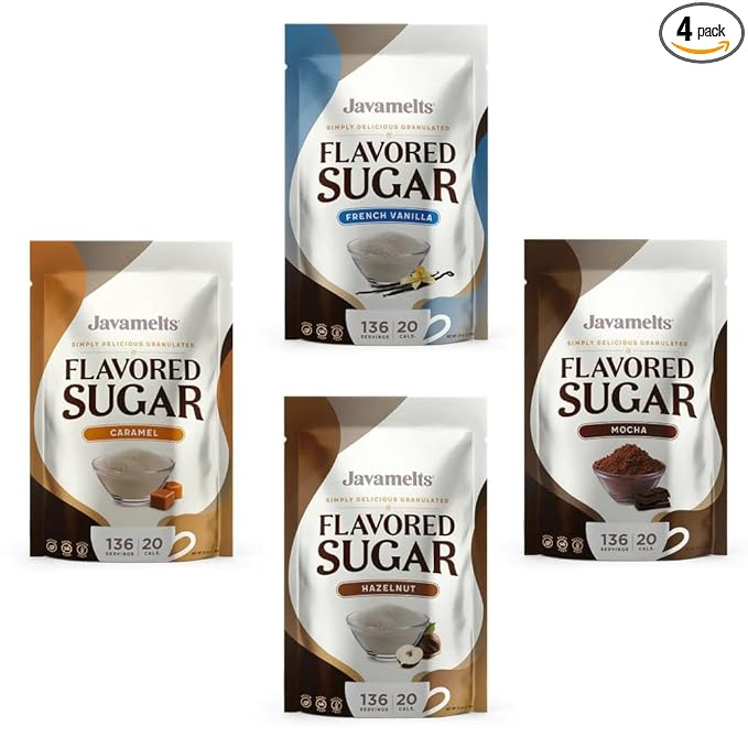 JAVAMELTS Variety Caramel, French Vanilla, Hazelnut, Mocha Flavored Sugar, Add Flavor to Your Coffee or Tea, or When Baking Sweets, Non GMO, Non Dairy, Gluten Free, Kosher, (1.5lb Bag - Pack of 4)