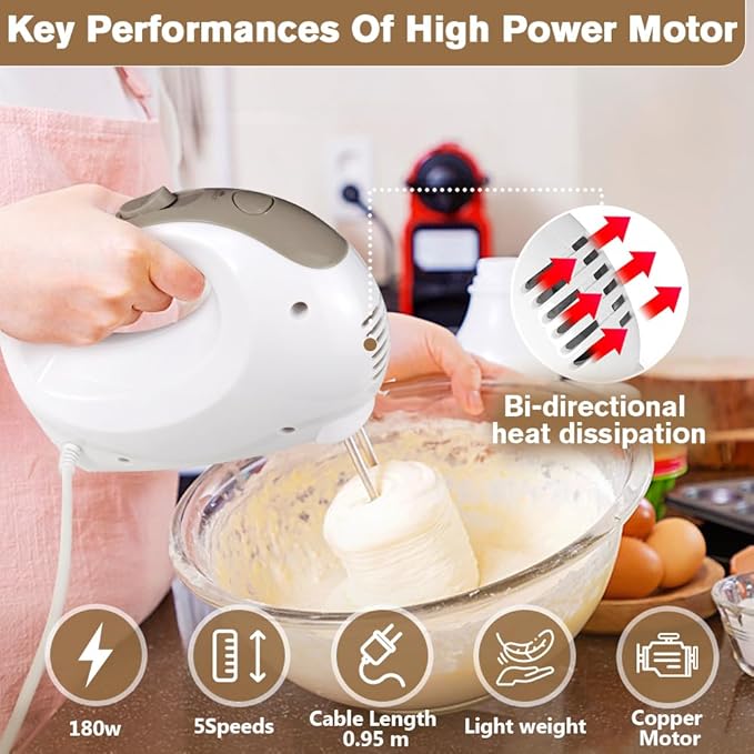 5-Speed Electric Hand Mixer with Whisk, Traditional Beaters, 120 Watts,Portable & Lightweight, Blending or Cooking, Brown