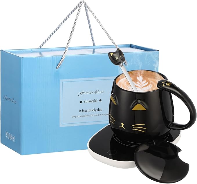 Cat Coffee Cup Coffee Warmer with Mug for Women Electric Mug Heater Temperature Control Ceramic Cute Cat Warmer for Office Christmas Birthday Gift(Black)