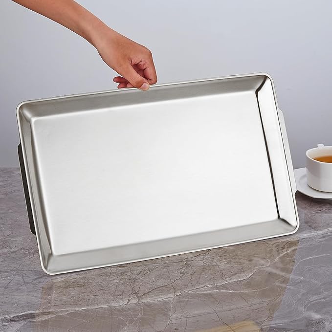 16.3" x 11" Large Serving Platters Set of 2, Stainless Steel Heavy-Duty Large Serving Trays, Silver Rectangular Plates for Food, Fruit, Party, Wedding, Christmas, Chip and Scratch Resistant