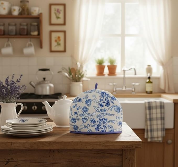Muldale Large Tea Cozy for Teapot British - 100% Cotton Extra Thick Wadding Tea Pot Cover Designed in England - Insulated Teapot Cozy for English Tea Sets - Vintage Blue Floral