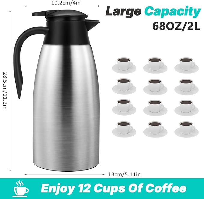 68OZ Thermal Coffee Carafes for Keeping Hot, 2 Liter Stainless Steel Thermal Carafe, Double Wall Vacuum Insulated Pitcher Tea Pot for Coffee Tea Keep Hot 12 Hours, Silver