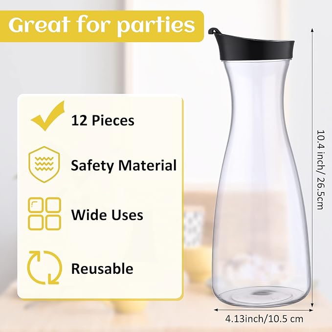 Xinnun 12 Pcs Water Carafe with Flip Top Lid Plastic Carafe with Black Lid Clear Plastic Water or Juice Beverage Pitcher Jug for Restaurant Party School Bar Juice Milk Coffee (35 oz)
