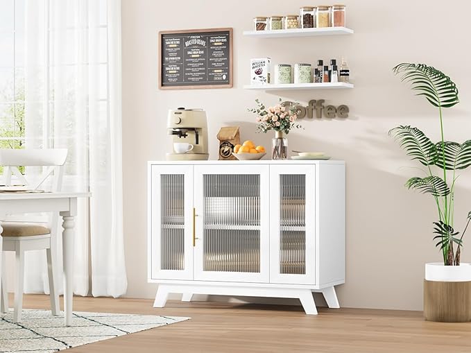 GarveeHome 36 Inch Coffee Bar Buffet Cabinet with Fluted Glass Doors and Gold Handles, Modern Sideboard Storage with Adjustable Shelves, for Kitchen Dining Room Living Room Entryway, White