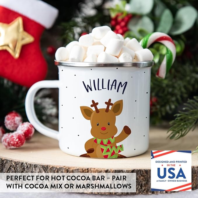 Andaz Press Personalized Name 11oz. Kids Christmas Hot Chocolate Stainless Steel Campfire Coffee Mug, Adorable Rudolph Reindeer Waving, 1-Pack, Custom Birthday Xmas Cup Kids Mugs For Hot Chocolate