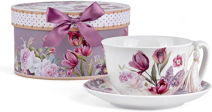 Tulip Bone China Cup 8.45 fl oz.(250ml) and Saucer 5.78"(14.7cm) Set in Gift Box