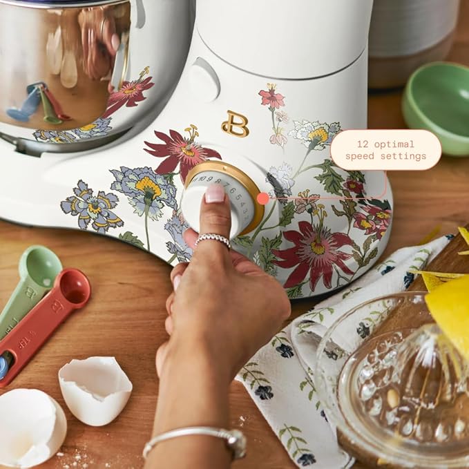 Beautiful 3.5QT 300W Stand Mixer with 12 Speeds, Tilt-Head, Splash Guard & Dishwasher-Safe Accessories, Soft Matte Finish Mixes Up to 5 Dozen Cookies, (Wildflower White Icing)