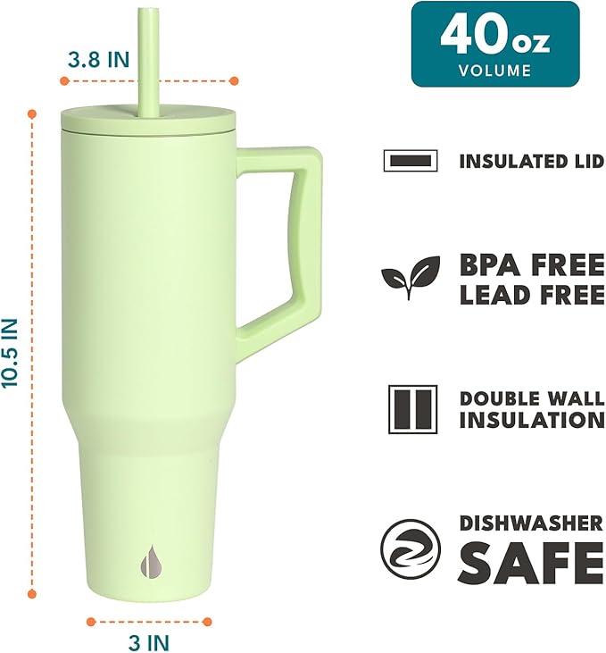 Elemental 40 oz Tumbler with Handle and Straw - Spill Proof Insulated Stainless Steel Commuter for Hot and Cold Beverages - Travel Coffee Mug with 2 Straws & Spill Proof Lid - 40oz - Key Lime