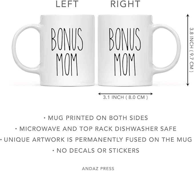 Andaz Press Simple Rustic Farmhouse Kitchen Decor 11oz. Ceramic Coffee Tea Mug Gift, Bonus Mom, 1-Pack, Birthday Christmas Gift Ideas for Family, Friends