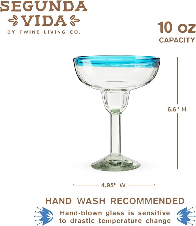 Segunda Vida Primavera Stemmed Margarita Glasses - Blue Rim Margarita Glass Set Made in Mexico - 100% Recycled Glass 10oz Set of 2