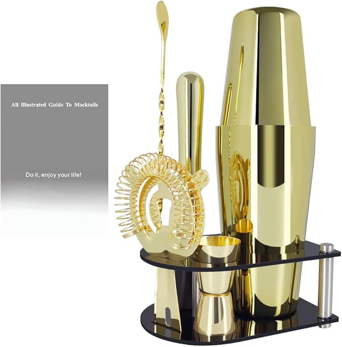 5 Piece Cocktail Shaker Bartender Kit: 750/600ml(25/20oz) Cocktail Shaker Set with Stand, Drink Mixing Includes Martini Shaker,Strainer,Jigger,Bar Mixer Spoon,Muddler Bar Tool Set (Gold)
