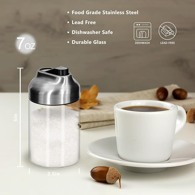 Aelga Glass Sugar Dispenser with Pour Spout, Weighted Pourer, for Coffee, Tea and Baking (2 Pack)